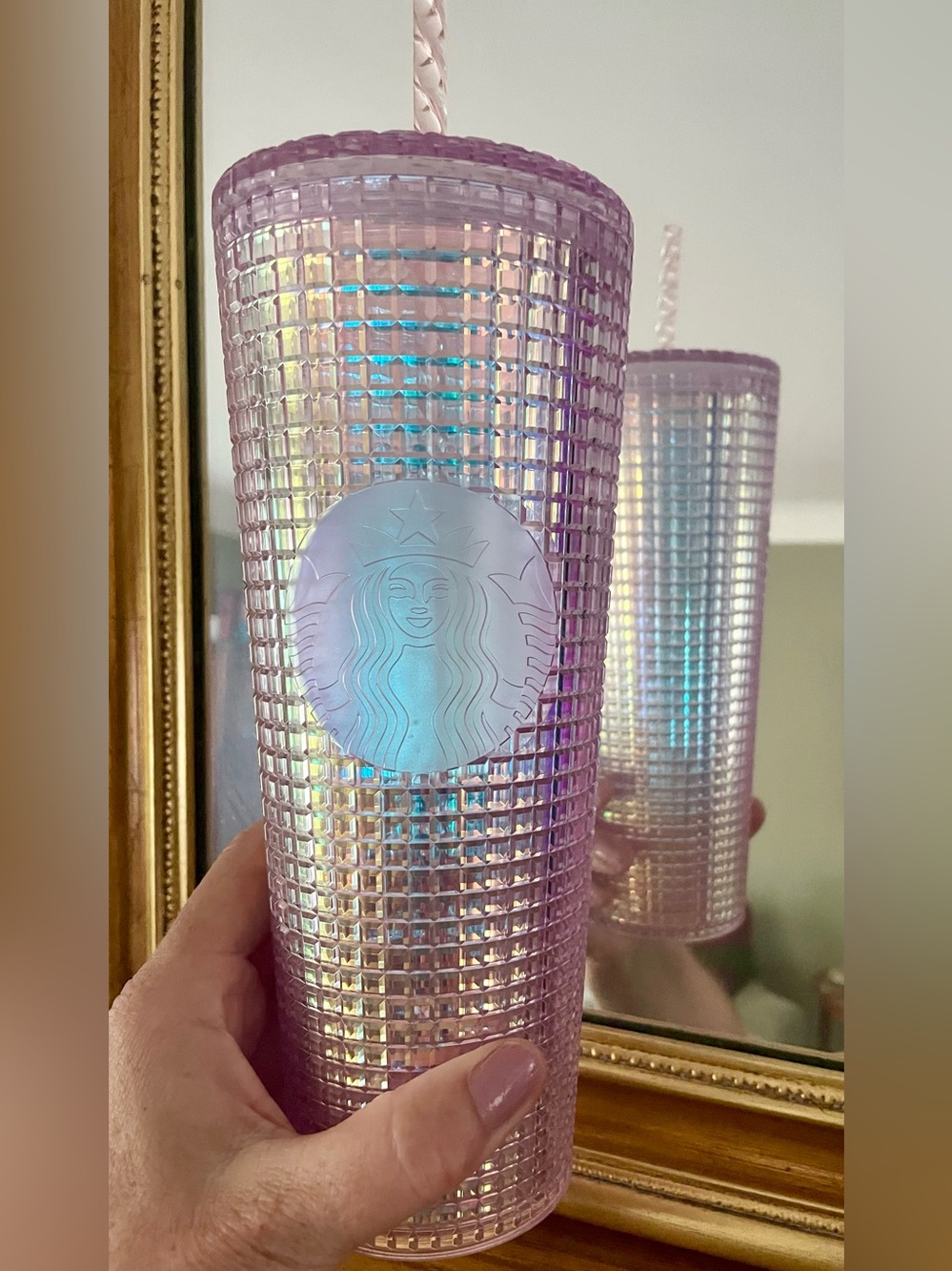 Starbucks Pink Iridescent Grid Disco 24 Oz Cold Tumbler 2020 Holiday Collection